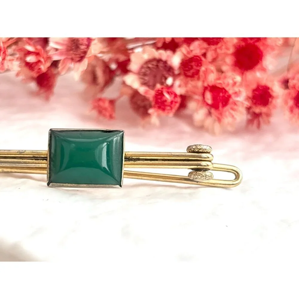 Swank Signed Faux Green Stone Gold Toned Vintage Men's Tie Bar | Tie Clip